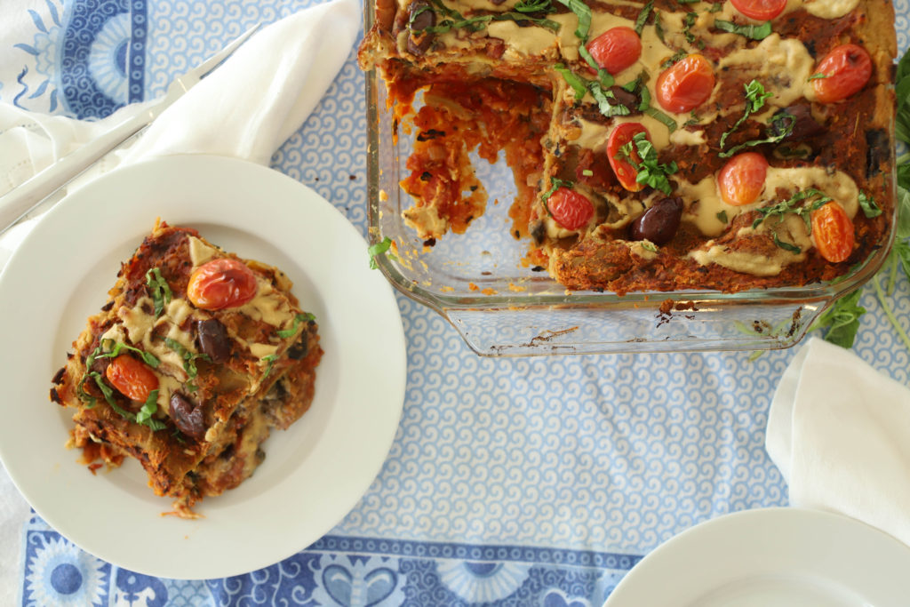 Creamy vegan lasagna that is high protein and gluten-free