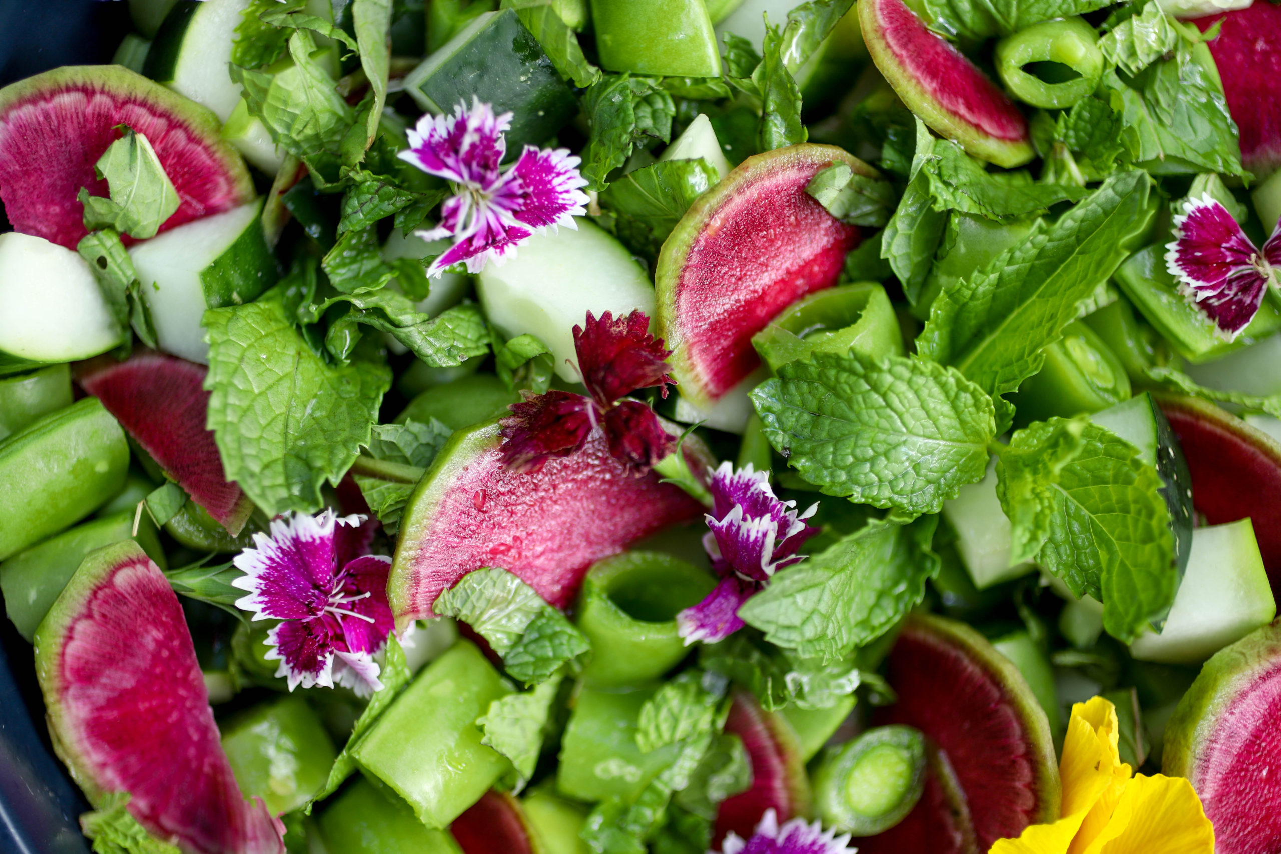 Macro view of sugar snap pea salad