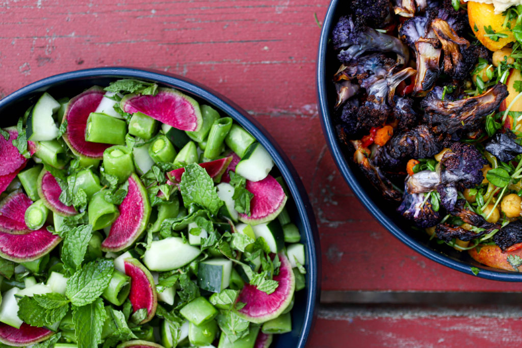 sugar snap pea salad paired with roasted vegetables