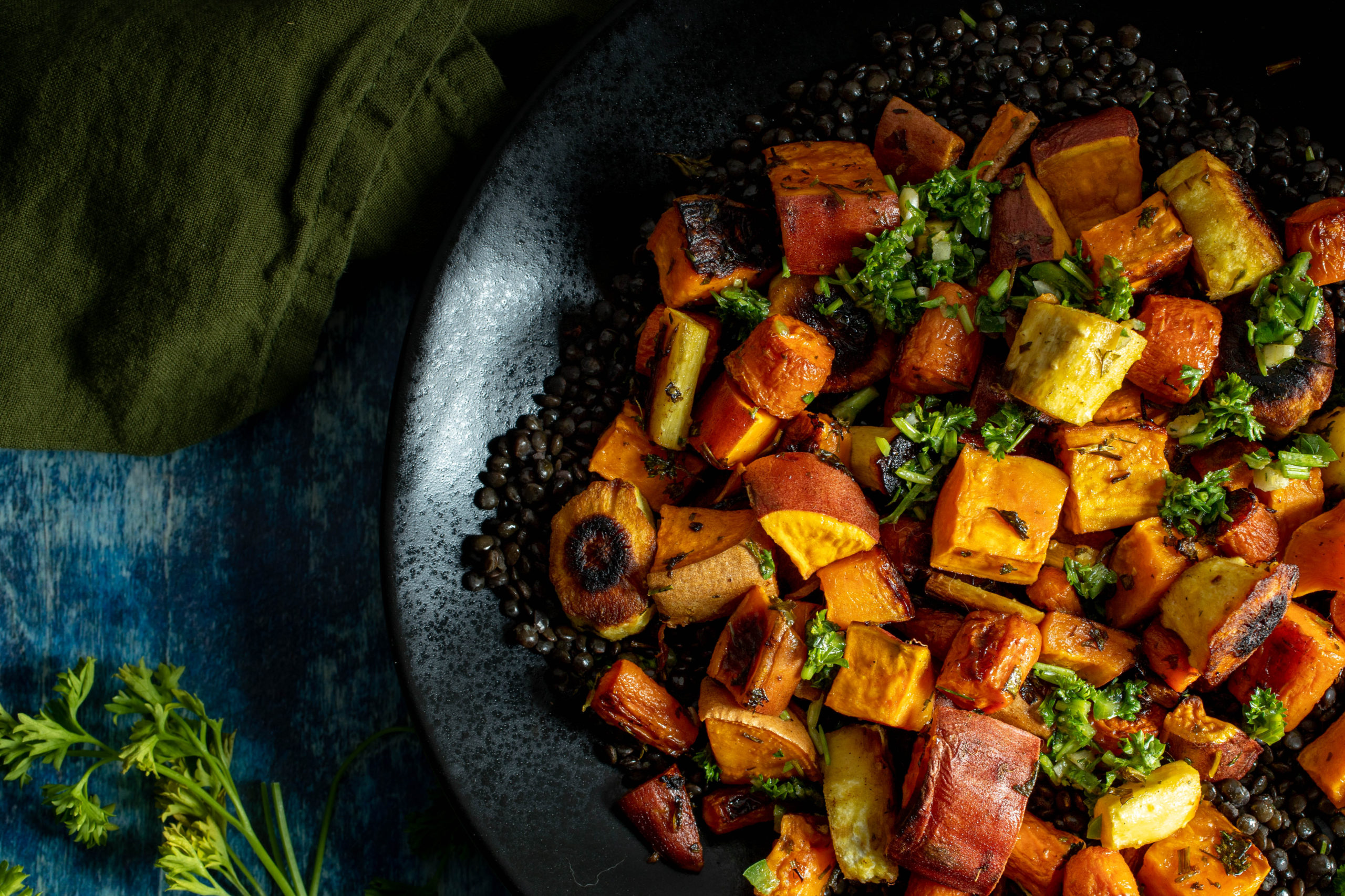 Roasted Root Vegetable and Black Lentil Salad with Chimichurri Sauce