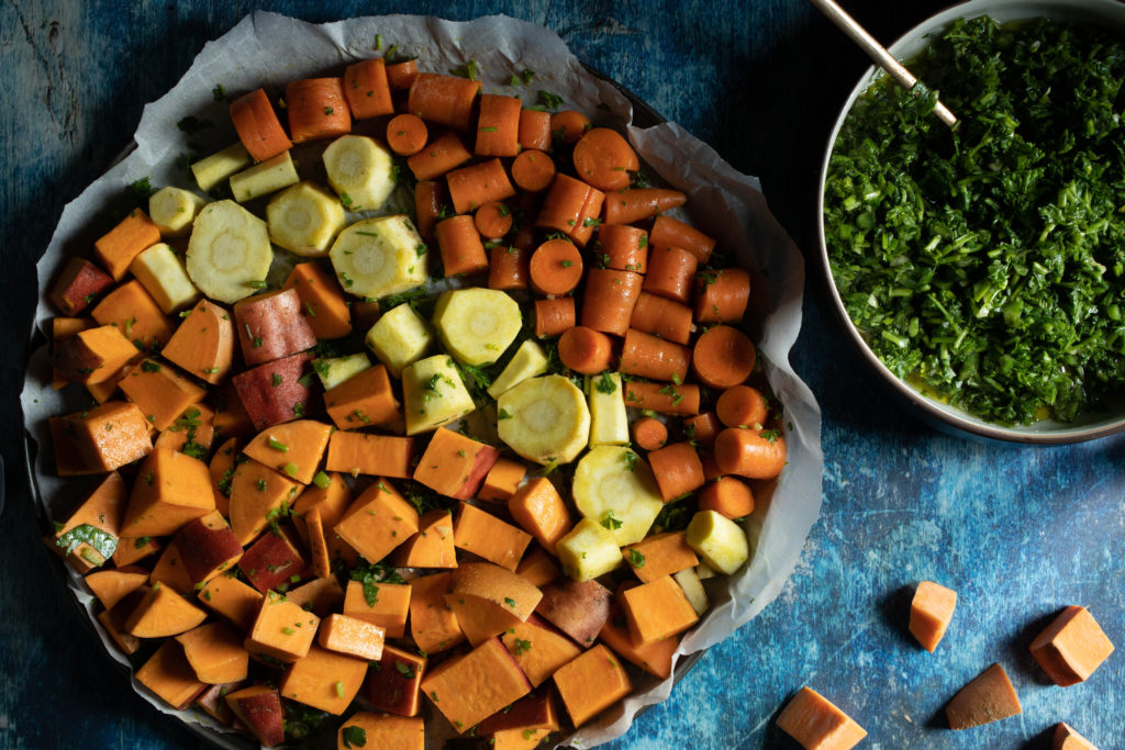 root vegetables with chimichurri sauce