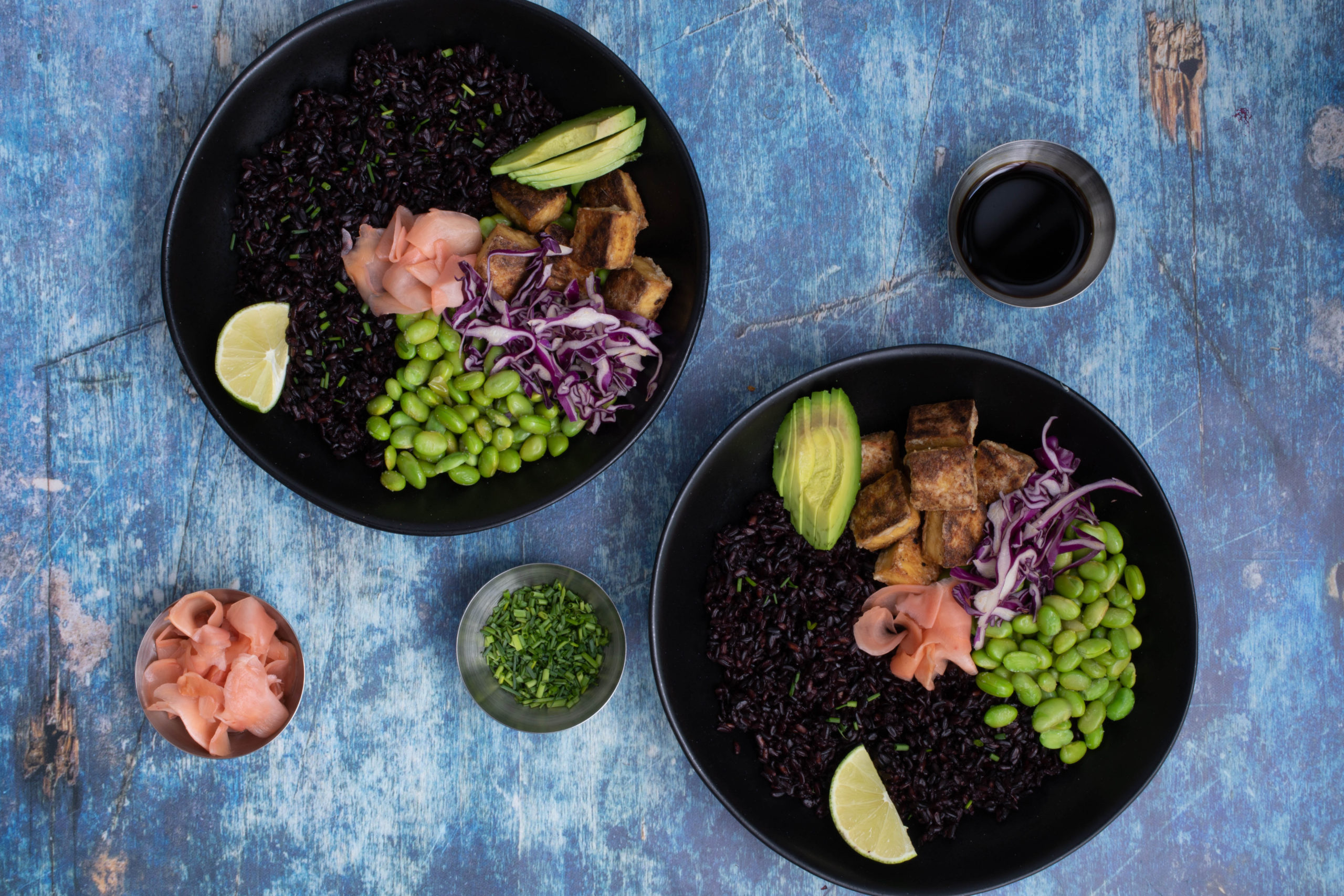 Vegan Sushi Bowls with Crispy Baked Tofu and Garlic Lime Edamame