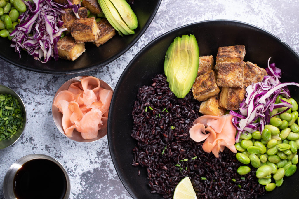 buddha bowls with roasted kabocha squash, caramelized fennel bulb with toasted walnuts, farro and lentil salad with figs, and green apple and fennel frond salad