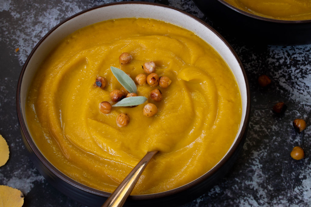 butternut squash and apple soup with crispy chickpeas and sage
