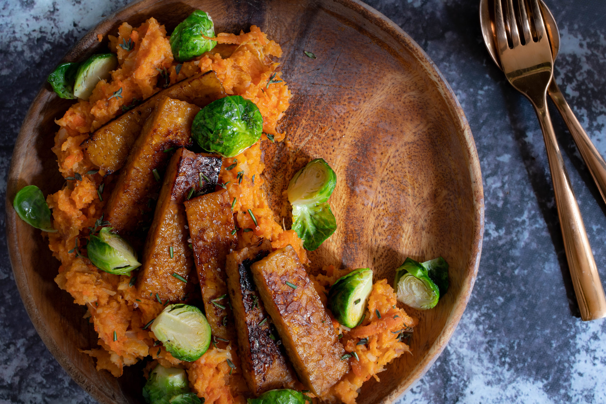 tempeh with sweet potato mash