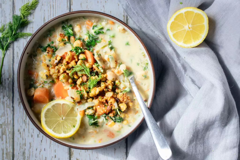 a bowl of lemon dill soup