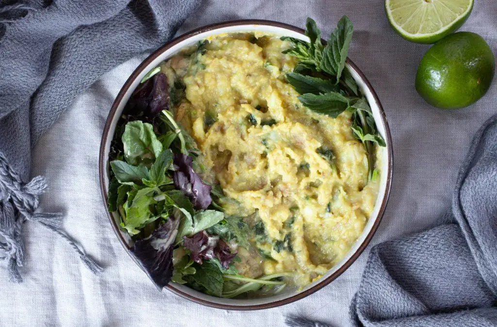 ginger kitchari with mint, spring greens, and lime