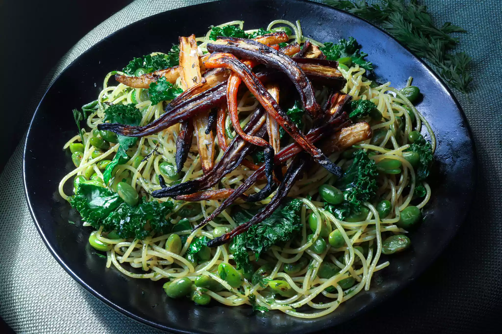 Triple Greens Protein Pasta with Crispy Honied Carrots