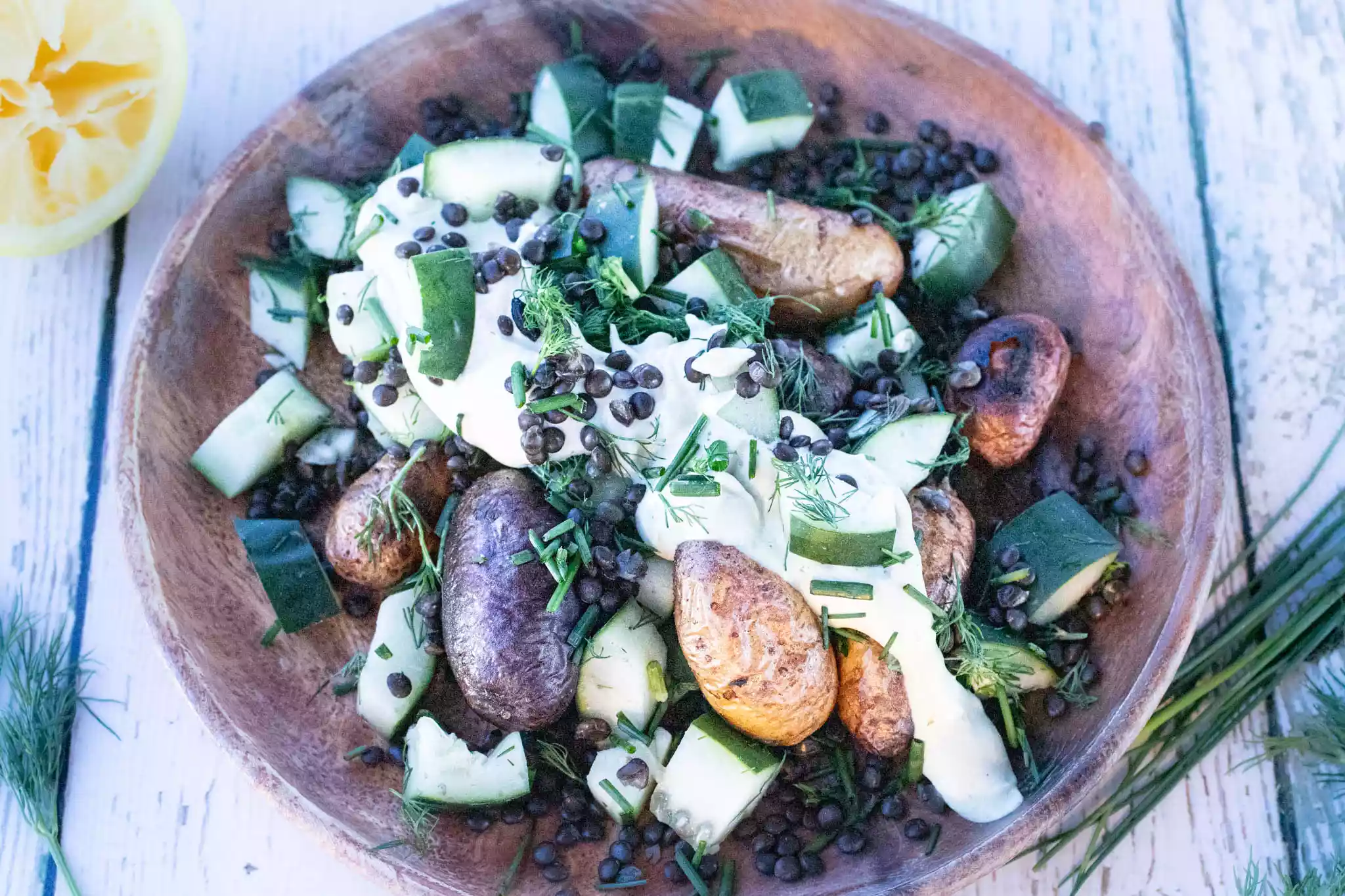 crispy potatoes and herby lentils with 5 minute lemon dill hummus