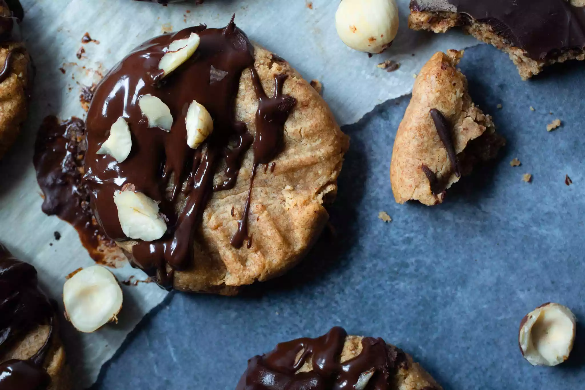 close up of a chewy cookie dipped in chocolate